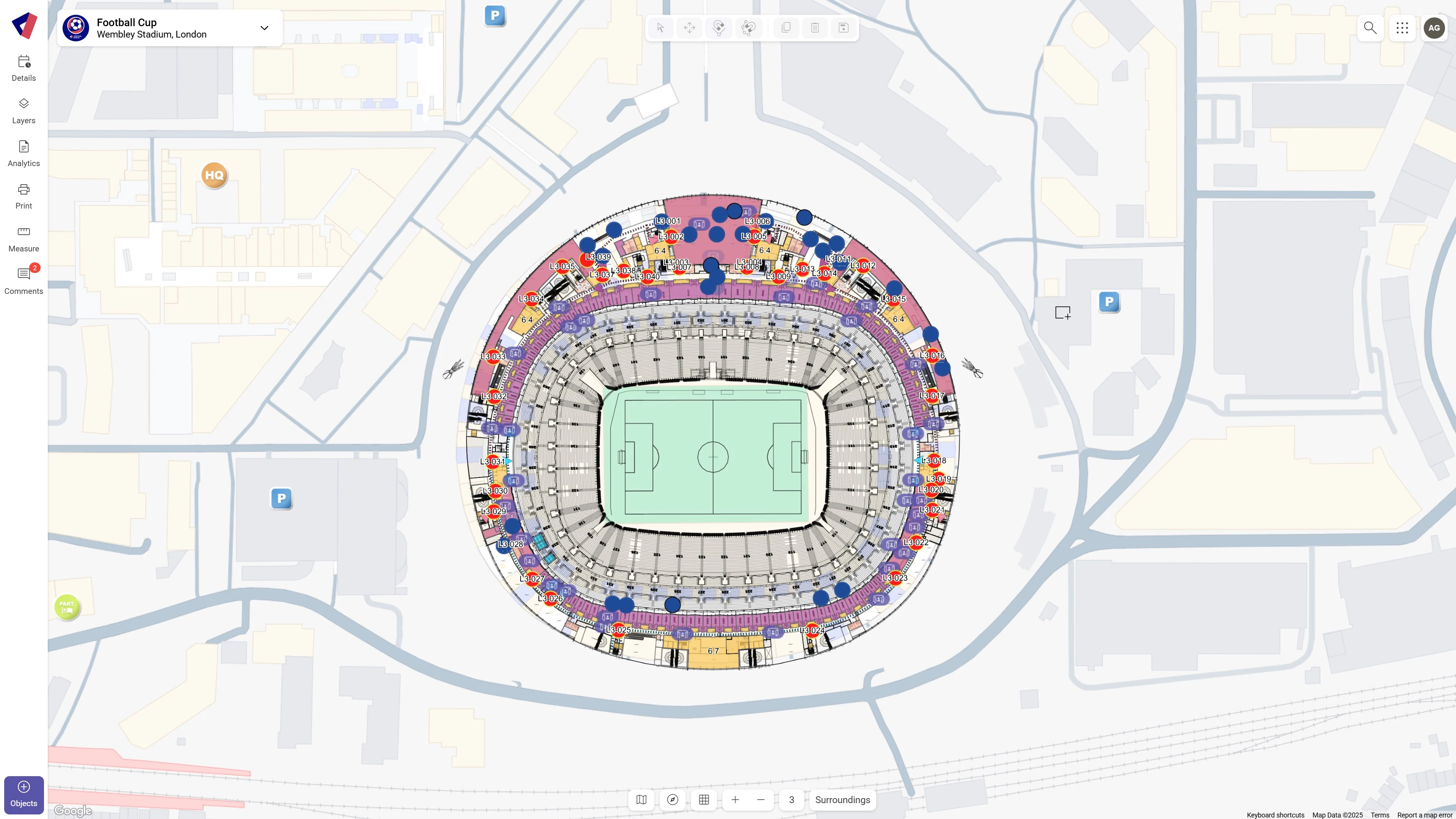Top-down map of Wembley Stadium with colored overlays loading instantly in Virtual Venue, showcasing faster map and overlay rendering in event planning software.