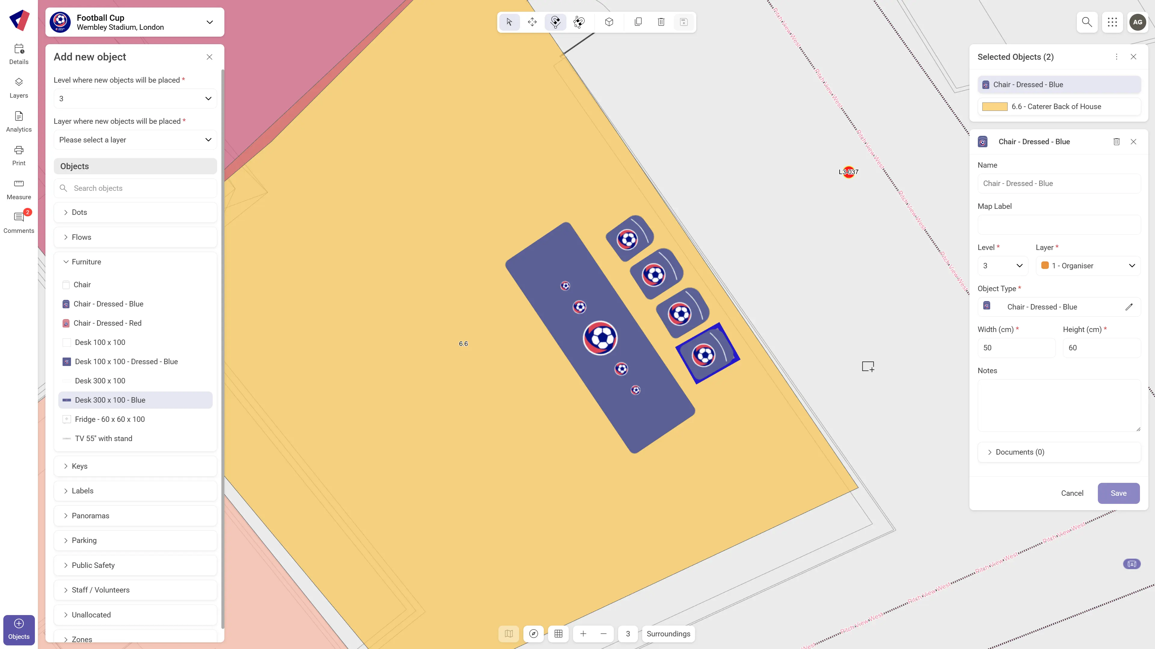 Virtual Venue interface showing event planning software tools to insert accurate-sized objects, chairs and a table placed with precise width/height settings via the “Add new object” panel.