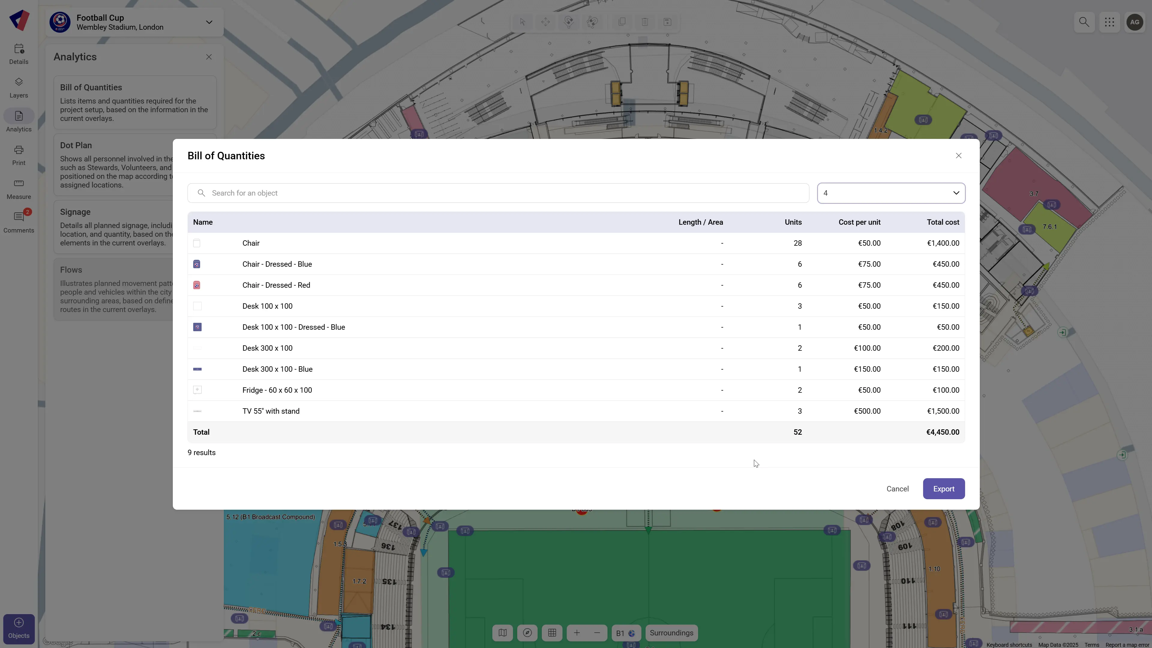 Virtual Venue event planning software displaying a “Bill of Quantities” analytics modal, listing objects, units, cost per unit, and total cost with an Export option over a stadium floorplan.