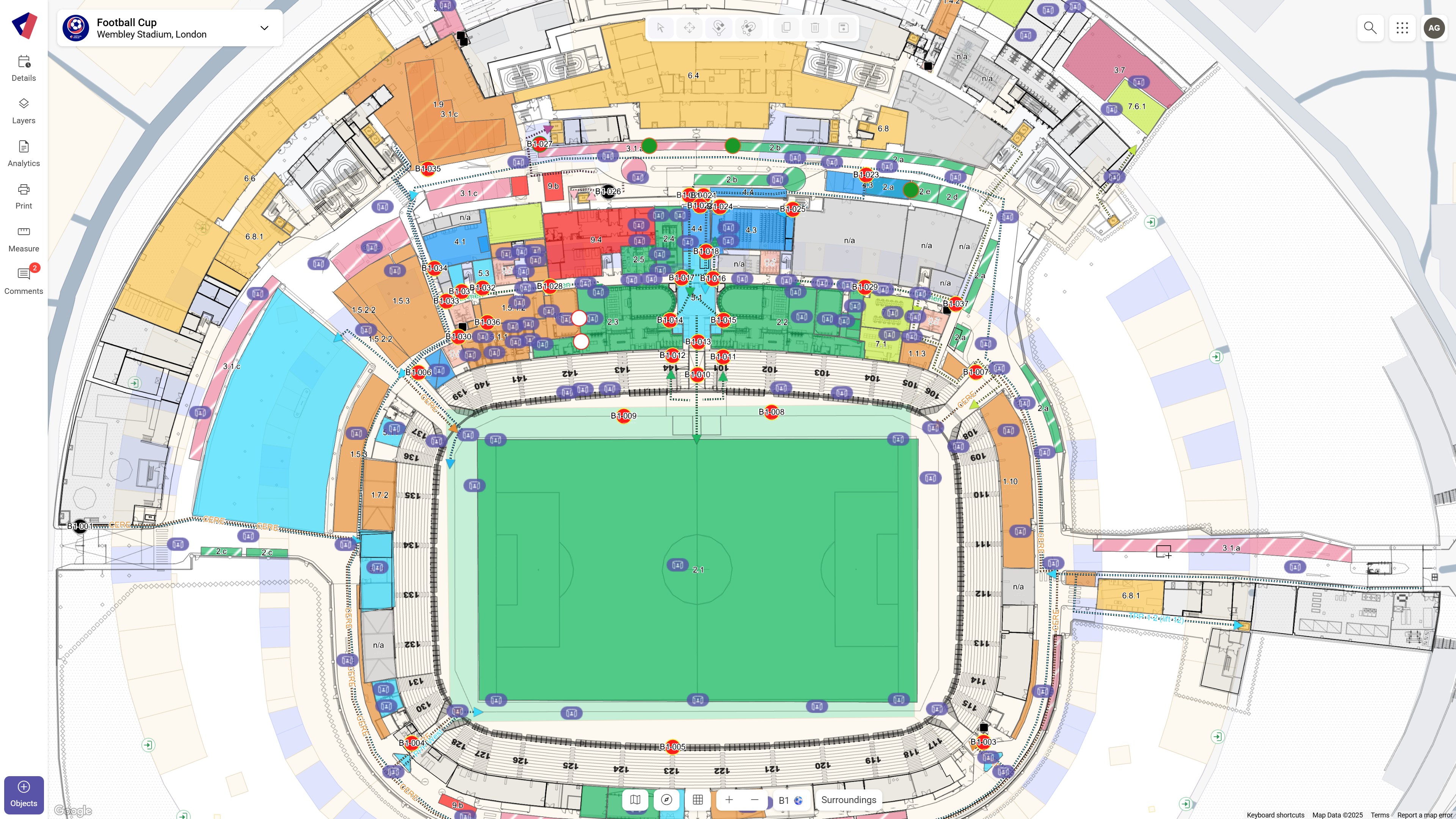 Wembley Stadium displayed within the Virtual Venue platform, featuring a digital twin overlay with color-coded zones, infrastructure details, and interactive map elements for event planning and operations.