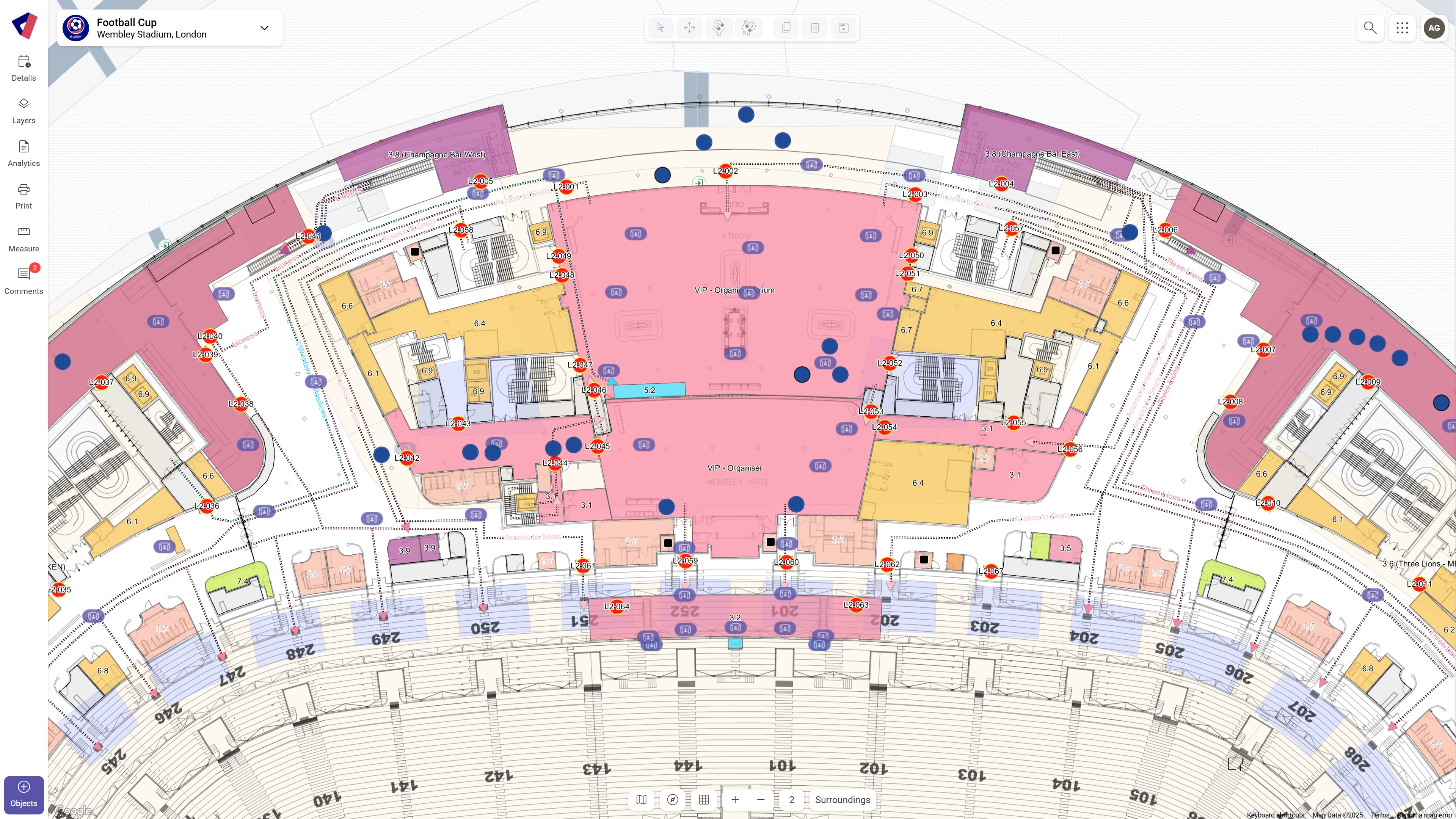 Digital overlay view of Wembley Stadium’s VIP and hospitality zones inside the Virtual Venue platform — the best event planning software for visualizing stadium layouts, optimizing logistics, and enabling real-time collaboration through digital twins.