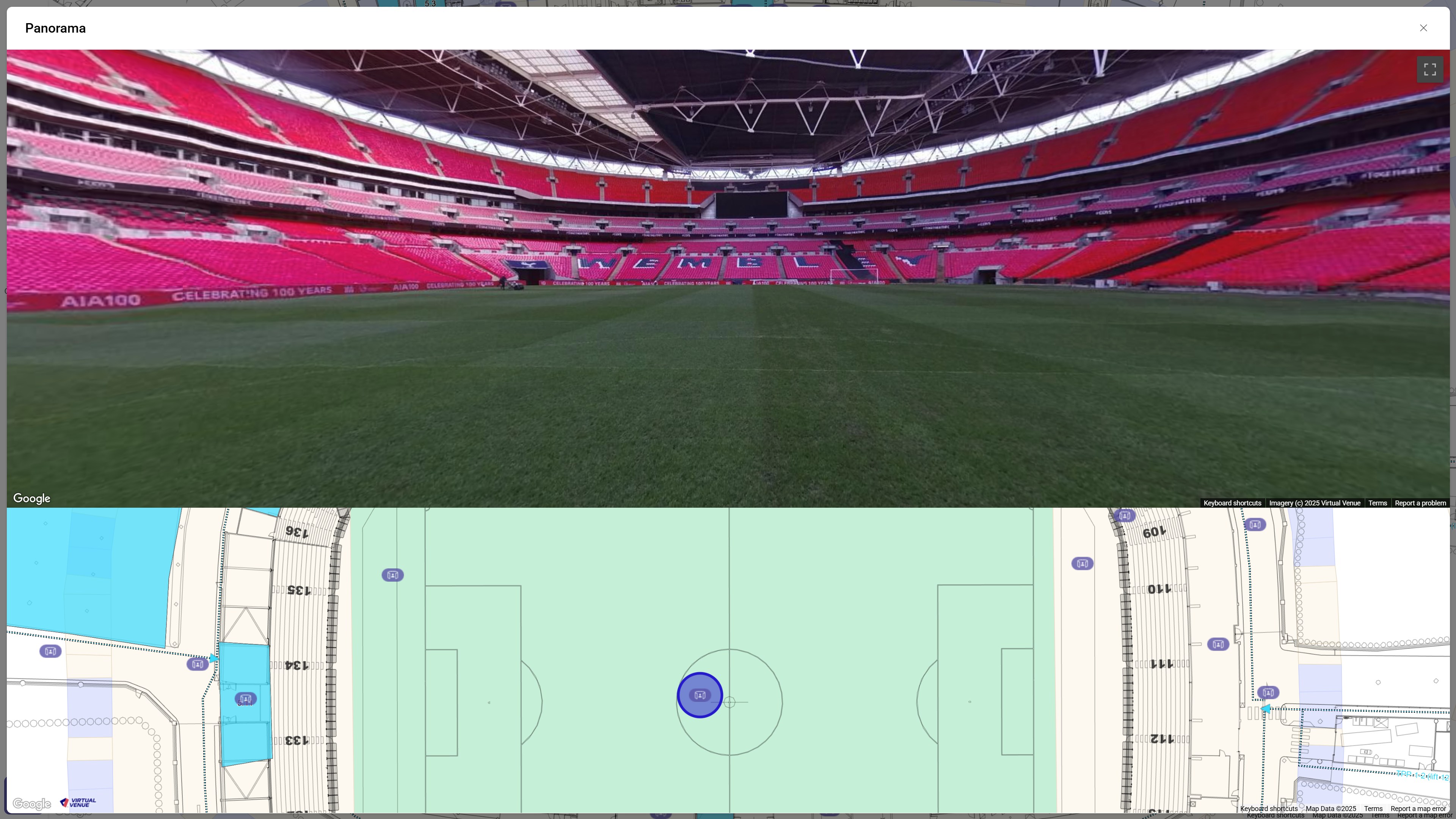 Virtual Venue platform displaying a panoramic field-level view of Wembley Stadium alongside a corresponding digital twin map — showcasing how stadium event planning can be managed remotely and collaboratively through immersive visual tools.