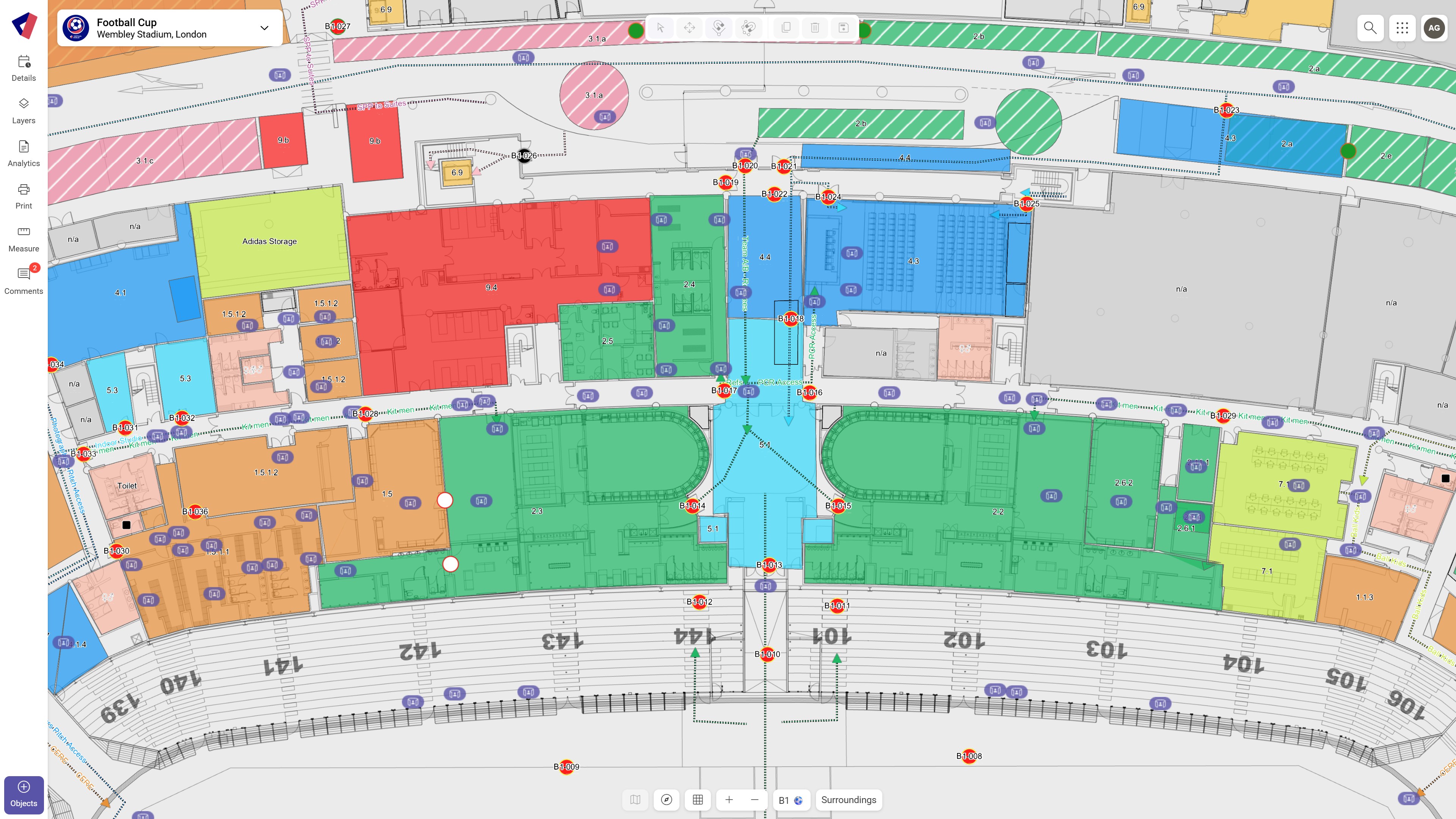 Detailed stadium event planning overlay of Wembley Stadium inside Virtual Venue, showing color-coded zones for access control, storage, and logistics — enabling smarter operations and coordination through a unified digital twin platform.