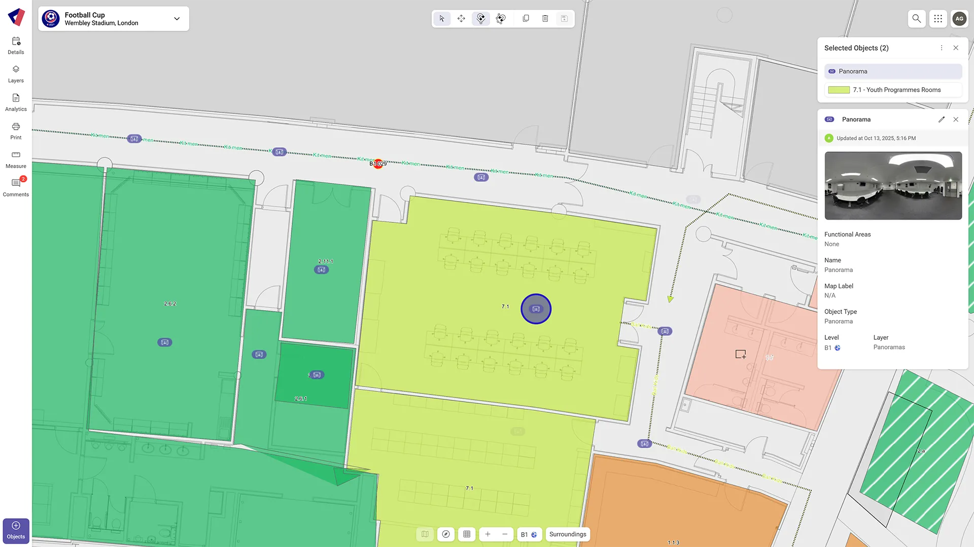 Stadium digital twin floor plan in Virtual Venue showing event planning overlays for zones, room allocations, and stakeholder coordination—supporting hybrid-ready venue planning and operations.