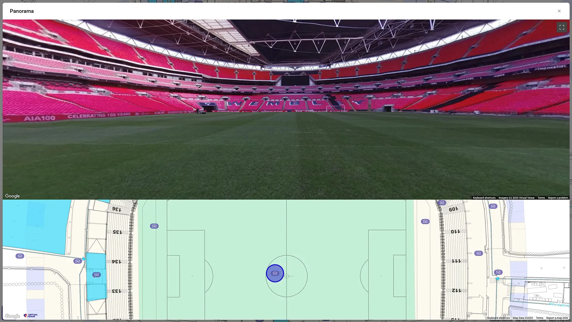 Immersive 360° venue walkthrough of Wembley Stadium pitch in Virtual Venue, paired with a stadium planning map overlay.