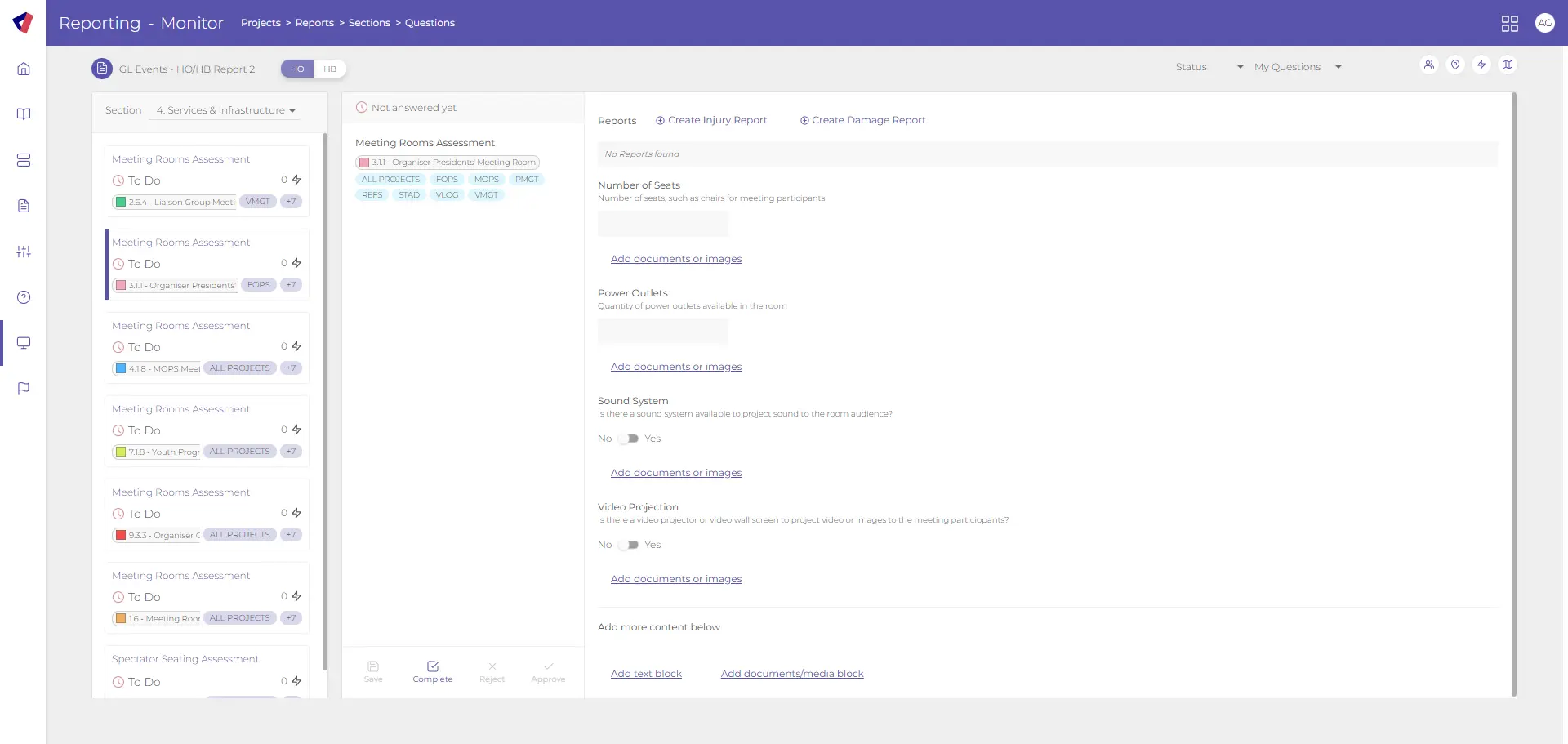 Screenshot of the Reporting – Monitor module in Virtual Venue showing a Site Visit “Meeting Rooms Assessment” form with fields for number of seats, power outlets, sound system and video projection, each with options to add documents or images and additional content blocks.