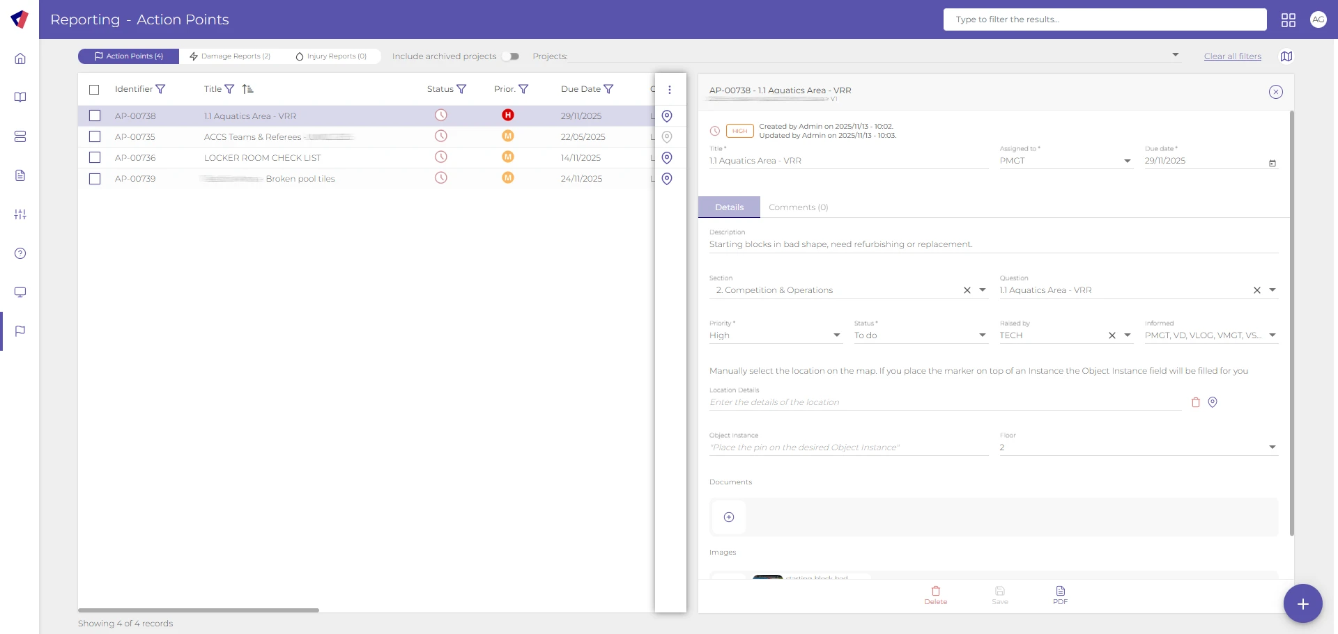 Dashboard interface titled “Reporting – Action Points” displaying a list of action items with status, priority, and due dates on the left, and a detailed action point panel on the right showing title, description, assignment, priority level, and location selection options within a project management system. 