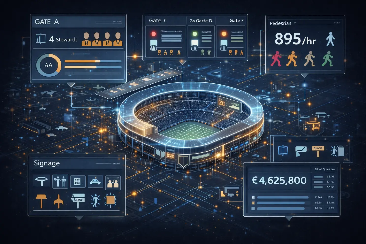 Stadium operations and venue operations dashboard for tournament operations, linking stadium design to matchday planning