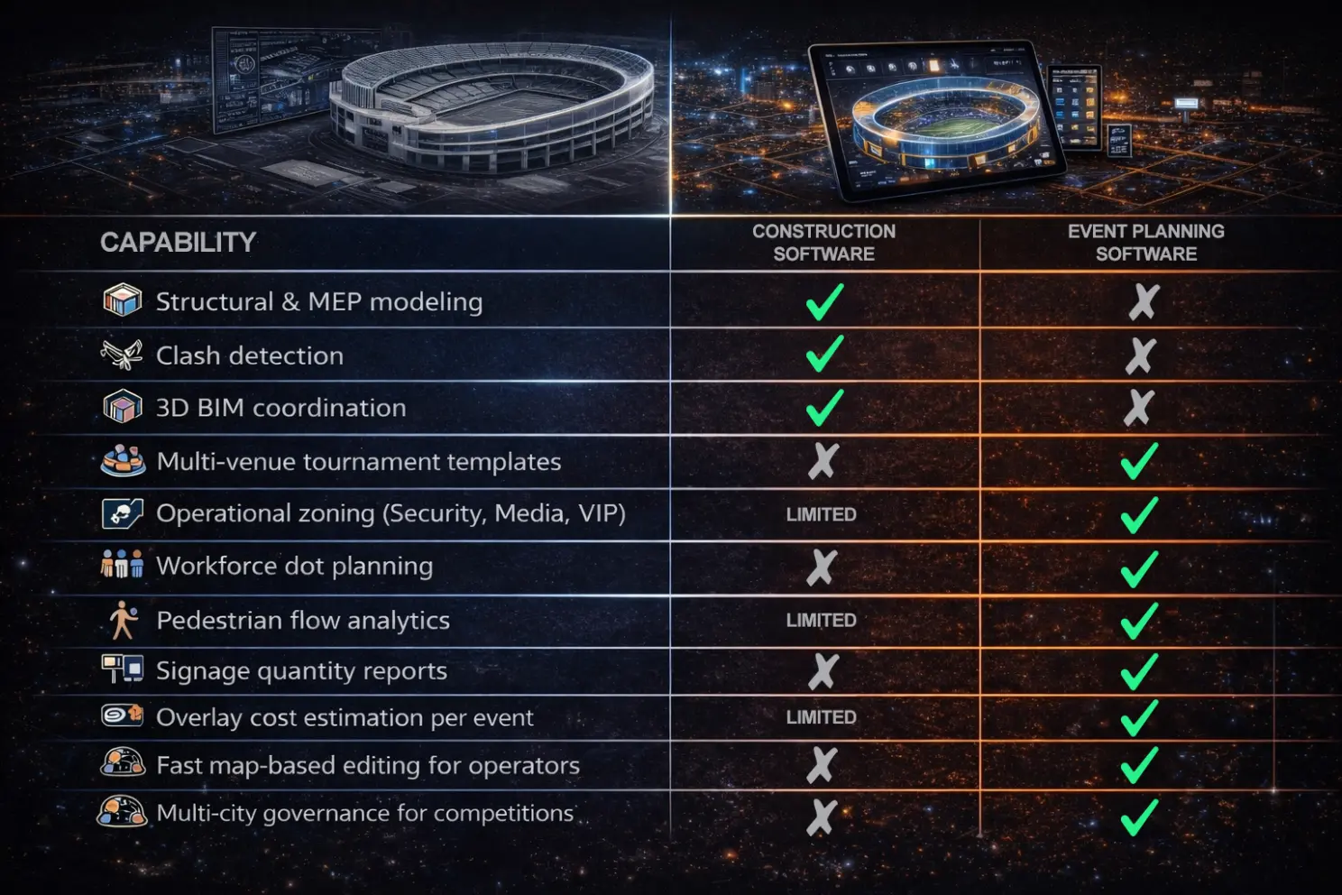 Capability comparison of stadium design tools versus tournament operations software for venue operations and stadium operations