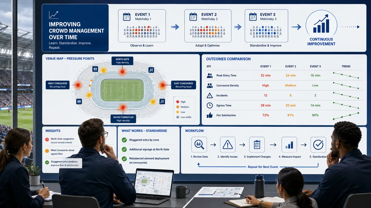Team reviewing a crowd management dashboard with event data, pressure points and improvement workflow.