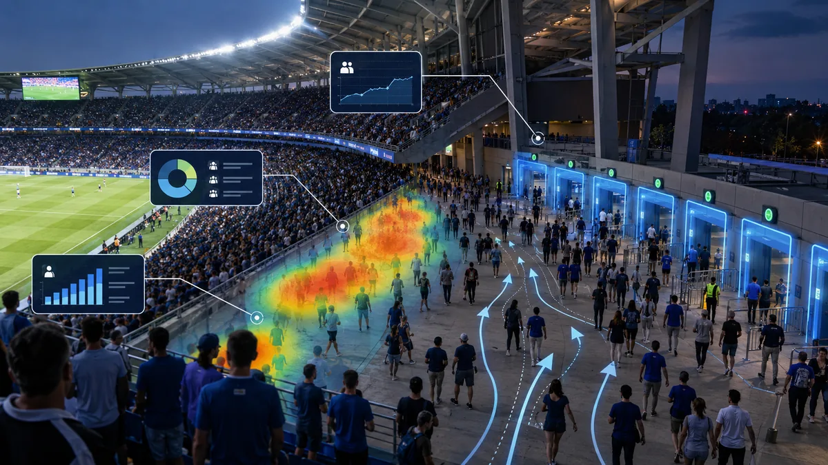 Stadium crowd management system showing heatmaps, visitor movement and real-time analytics.