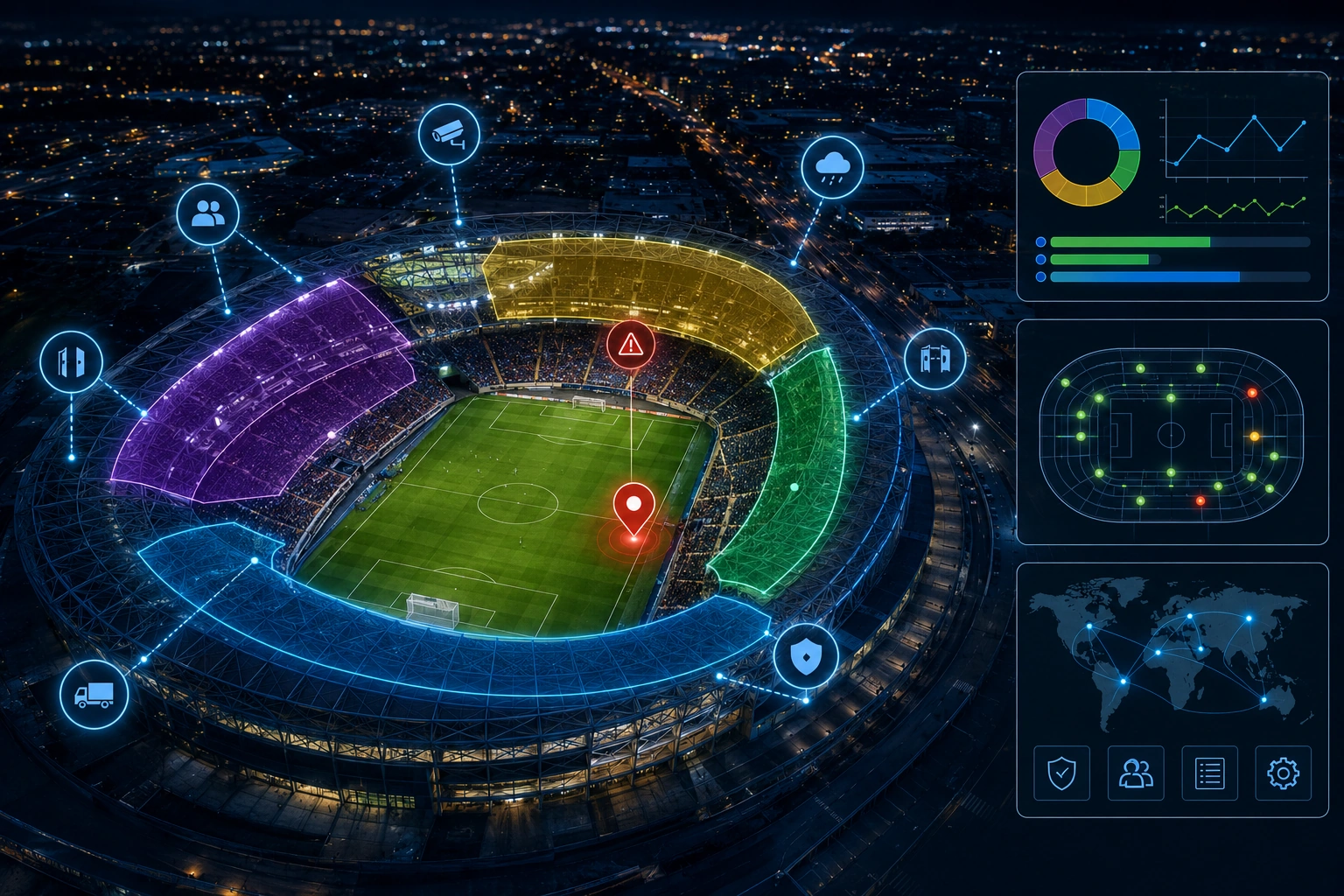 Aerial night view of a football stadium with digital overlays showing security, cameras, access control, weather, location, and crowd management. Data dashboards on the right display analytics, a stadium monitoring map, and global connections.