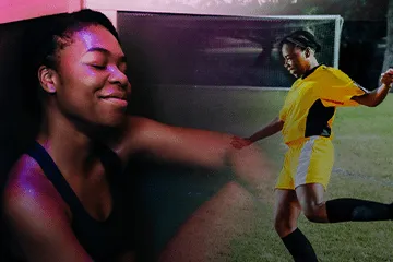 Collage of woman receiving infrared sauna therapy and same woman playing soccer.