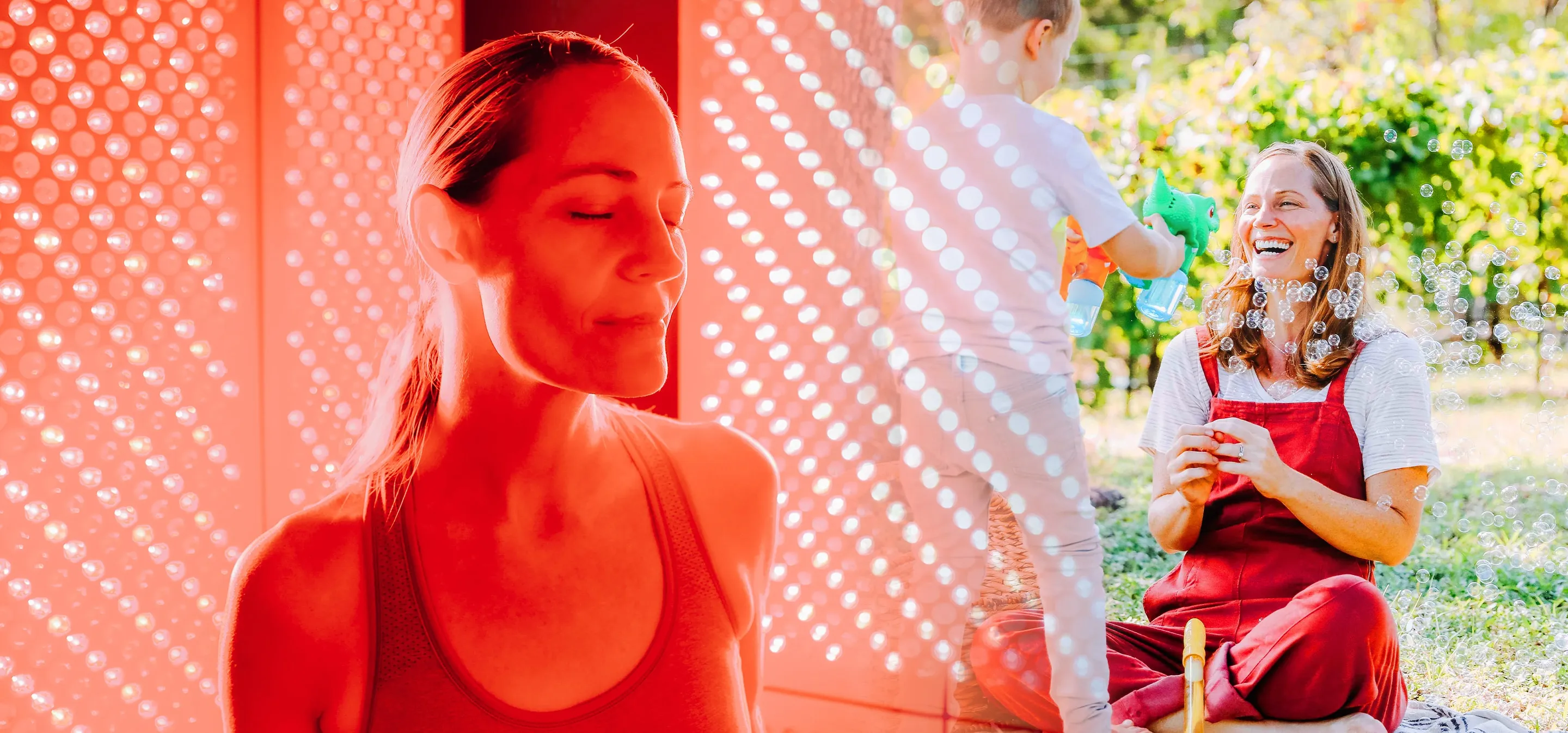 Collage of woman receiving red light therapy and same woman playing with a child, surrounded by bubbles.