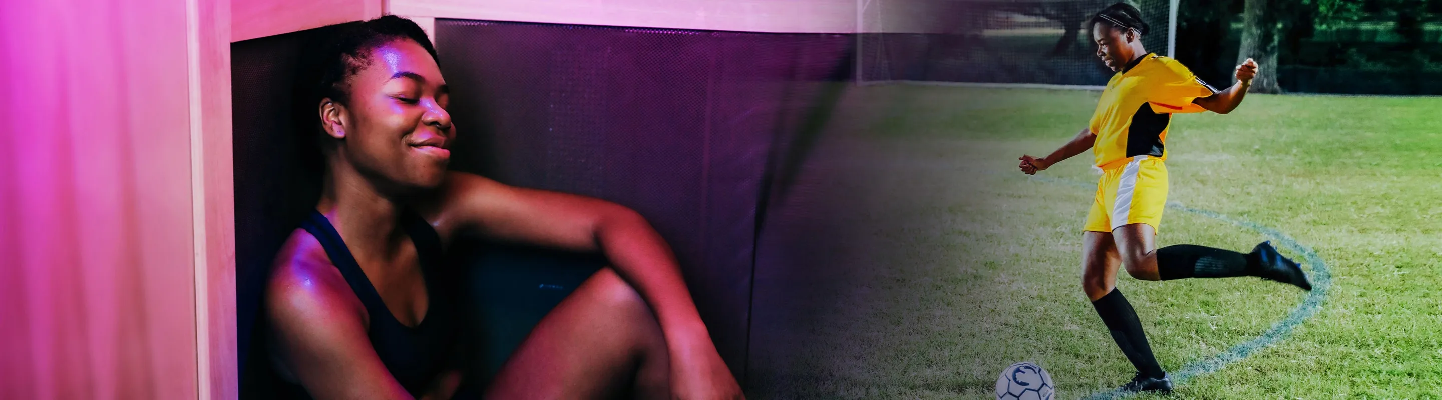 Collage of woman receiving infrared sauna therapy and same woman playing soccer.