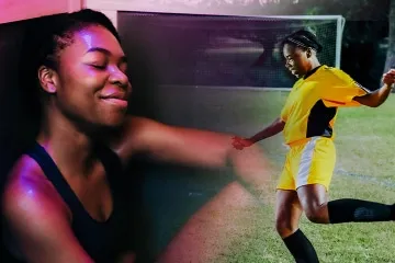 Collage of woman receiving infrared sauna therapy and same woman playing soccer.