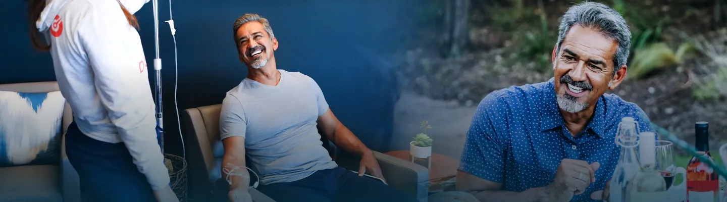 Collage of patient receiving iv therapy and the same man dining outside.