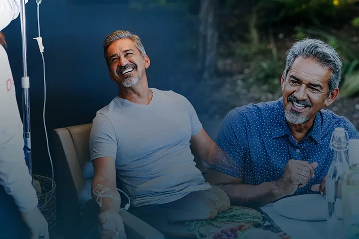 Collage of patient receiving iv therapy and the same man dining outside.