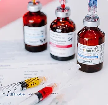 Intramuscular injection vials, including vitamin b complex.