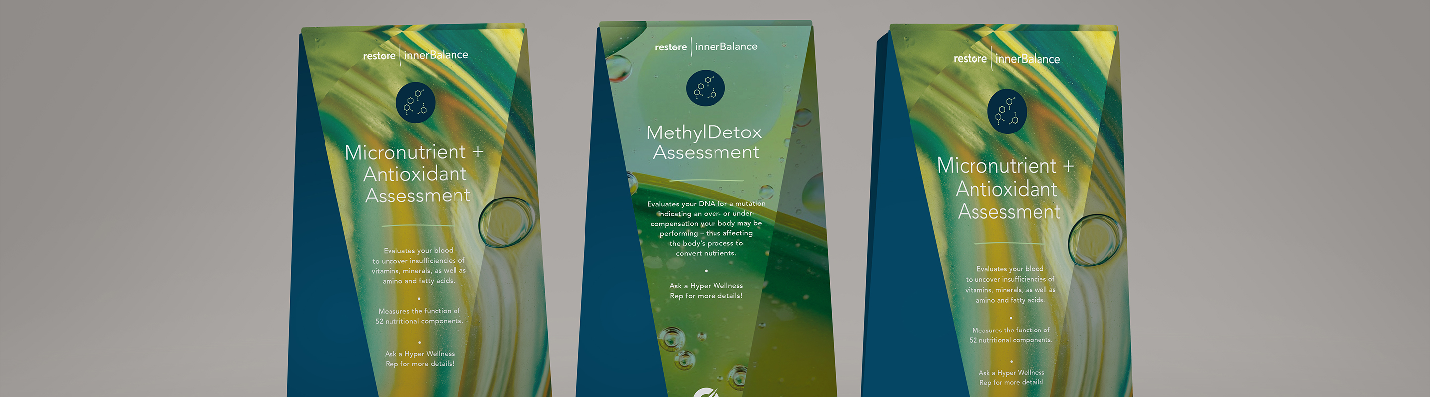 Restore biomarker assessment packaging and stickers on table.