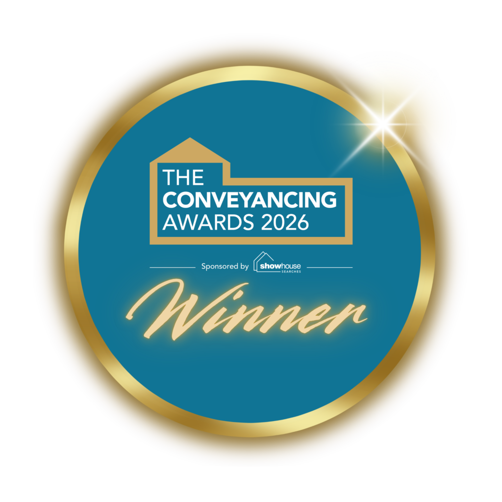 The Conveyancing Awards 2026 winner badge sponsored by Showhouse Searches with gold and blue design.