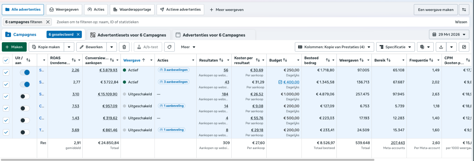 Ads Manager: 309 aankopen en EUR 24.850 omzet op 1 dag