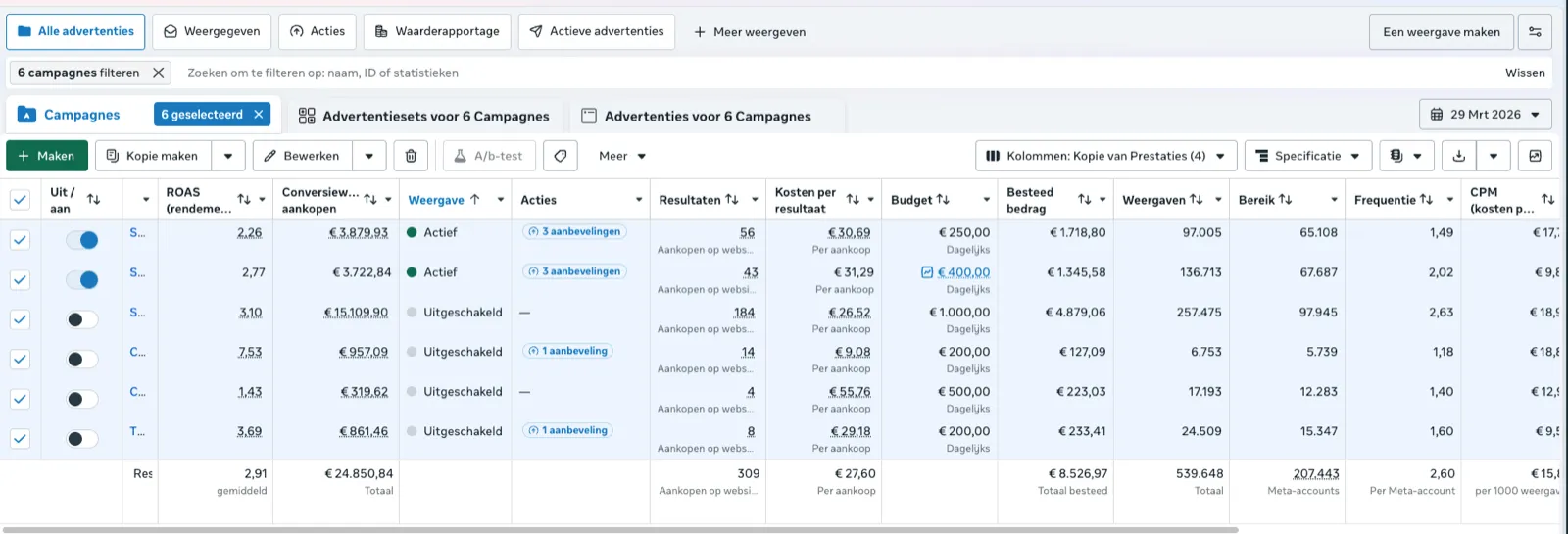 Ads Manager: 309 aankopen en EUR 24.850 omzet op 1 dag