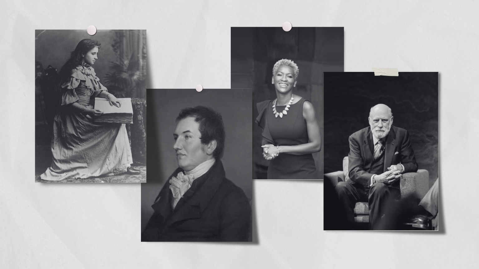 A collage of four Black-and-white and color portraits of Deaf trailblazers: Helen Keller reads a Braille book; Laurent Clerc, early Deaf educator; Claudia Gordon, the first Black Deaf female attorney in the U.S.; and Vint Cerf, a tech pioneer known as one of the “fathers of the internet.”
