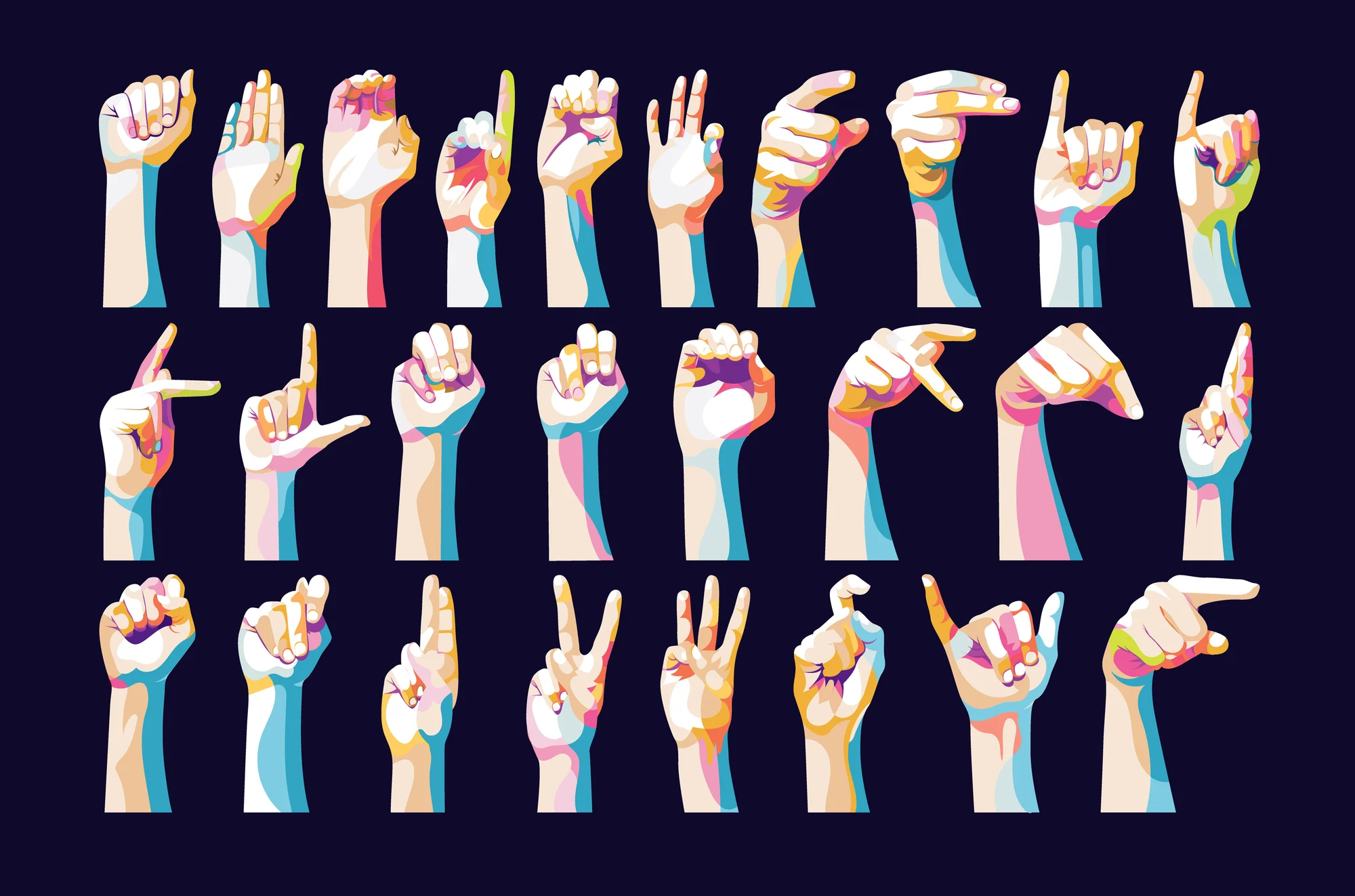 A colorful illustration of various American Sign Language (ASL) hand gestures, each representing a letter or symbol. The hands are depicted in vibrant, geometric shapes and colors against a dark background. The image showcases a range of ASL signs, including letters such as "A", "L", "V", and others, highlighting the expressive nature of sign language.