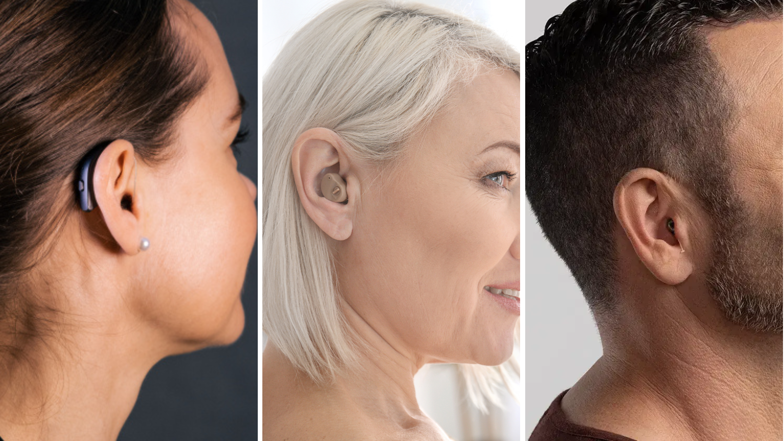 Three side-by-side images showing different hearing aid styles. The first is a behind-the-ear (BTE) model worn by a woman with dark hair. The second is an in-the-ear (ITE) model worn by a woman with light-colored hair. The third is a completely-in-canal (CIC) model discreetly worn by a man.