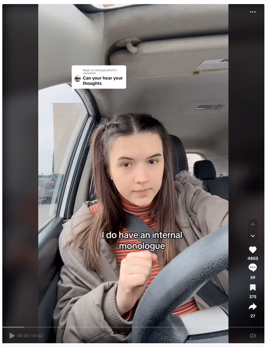 The image shows a person sitting in a car, looking directly at the camera with a serious expression. They have long brown hair styled in pigtail braids and are wearing a beige jacket over a striped red and orange shirt. The text overlay reads, "I do have an internal monologue." The person appears to be responding to a comment or question from a previous video.