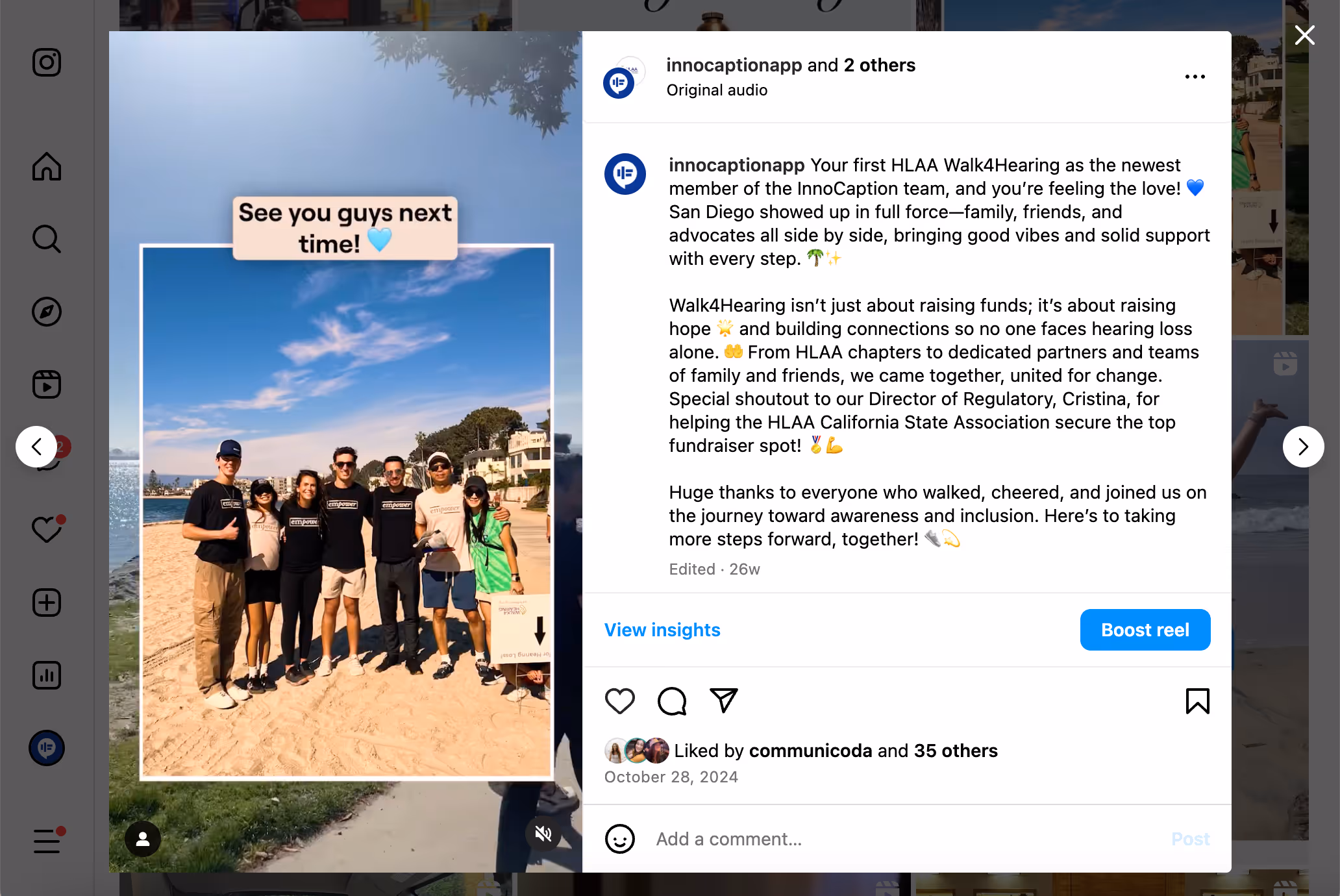 Instagram post from InnoCaption featuring a group photo of seven people standing on a sunny beach during HLAA Walk4Hearing in San Diego. Everyone is smiling and wearing matching black t-shirts, with a beachside neighborhood and clear blue sky in the background. A caption overlay reads, “See you guys next time! 💙” and the post celebrates teamwork, awareness, and inclusion for the deaf and hard-of-hearing community.