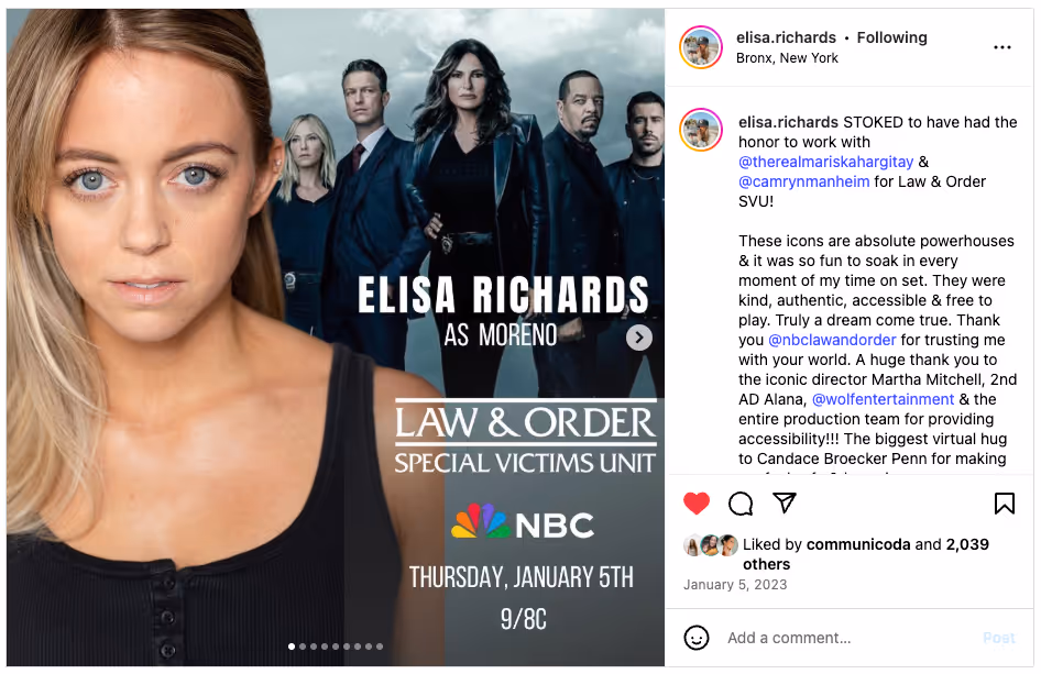 Promotional poster for Law & Order: Special Victims Unit featuring actress Elisa Richards as Moreno. Elisa is shown in a close-up on the left side of the image, with a serious expression. On the right, the main cast of the show, including Mariska Hargitay and Ice-T, stands in a dramatic pose. The NBC logo is displayed below, along with the air date: Thursday, January 5th at 9/8c. Text on the image reads: “ELISA RICHARDS AS MORENO” and “LAW & ORDER SPECIAL VICTIMS UNIT.”