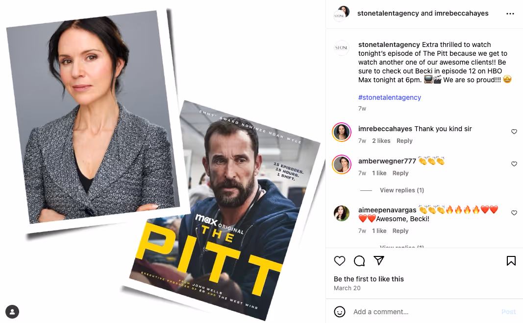 Instagram post from @stonetalentagency celebrating Becki Hayes’ appearance in episode 12 of The Pitt on HBO Max. The image features two angled photos: one of Becki Hayes in a gray blazer with arms crossed, and one of the official promotional poster for The Pitt showing actor Noah Wyle with the text “THE PITT,” “15 episodes, 12 hours, 1 shift,” and “Max Original.” The caption praises Becki as one of their “awesome clients” and shares airtime details.