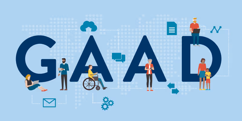 Illustrated GAAD poster showing the acronym “GAAD” in large dark blue letters against a light blue background. The letters are surrounded by diverse people using technology, including a person in a wheelchair and individuals interacting with digital devices. Icons of emails, cloud storage, and charts emphasize digital connectivity.