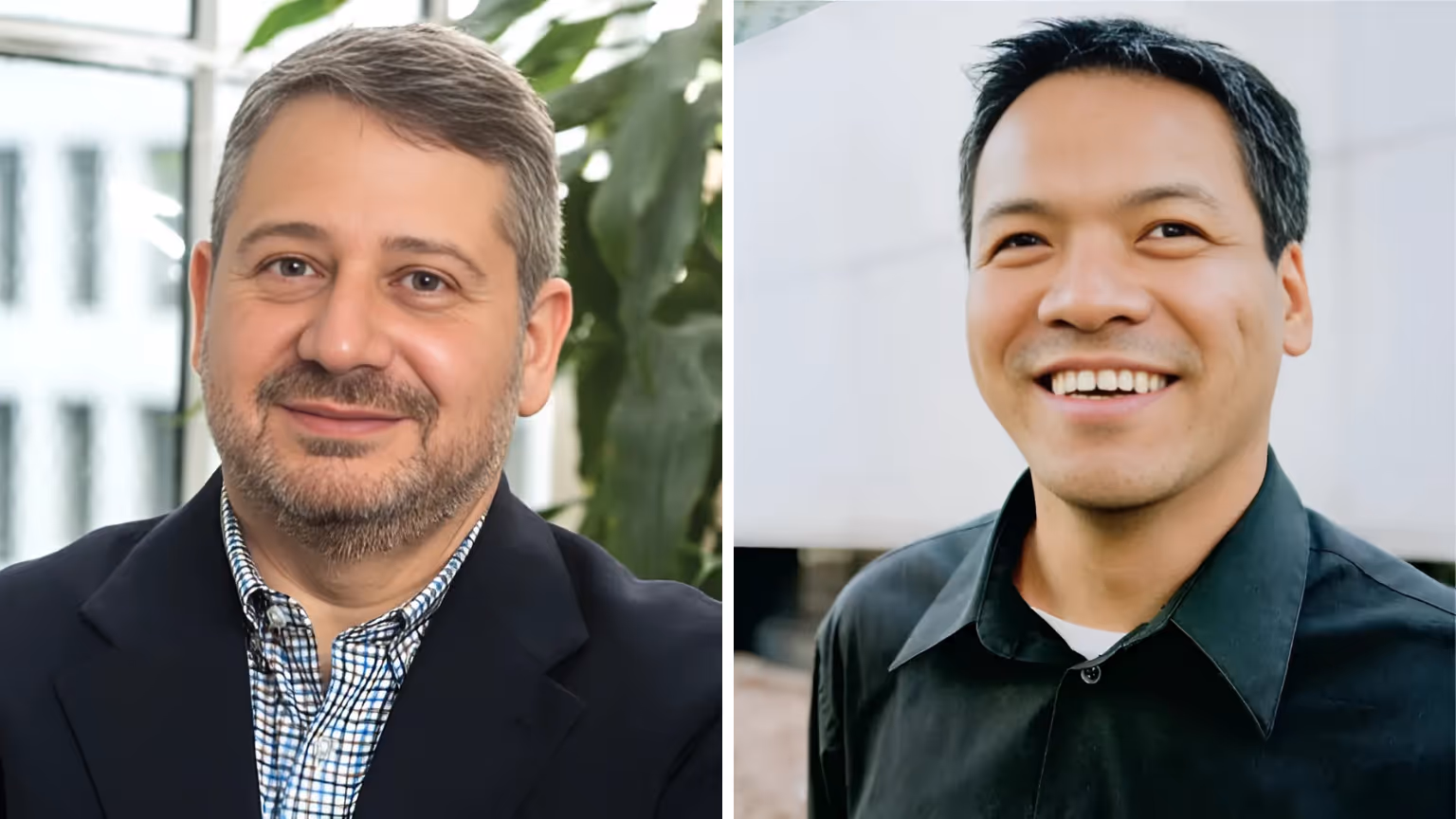 Side-by-side portraits of Joe Devon and Jennison Asuncion, co-founders of Global Accessibility Awareness Day. Joe wears a dark blazer and checkered shirt, smiling slightly; Jennison wears a black shirt and smiles brightly with a blurred background behind him.