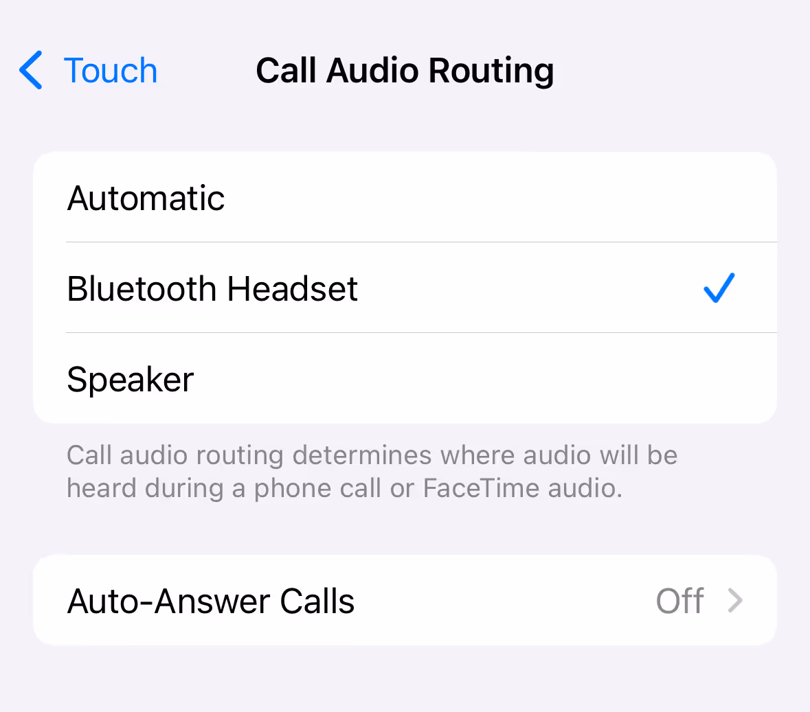 Screenshot of the iPhone "Call Audio Routing" settings screen. The options displayed are "Automatic" (selected), "Bluetooth Headset," and "Speaker." Below, a note reads: "Call audio routing determines where audio will be heard during a phone call or FaceTime audio." The "Auto-Answer Calls" setting is shown underneath and is set to "Off."