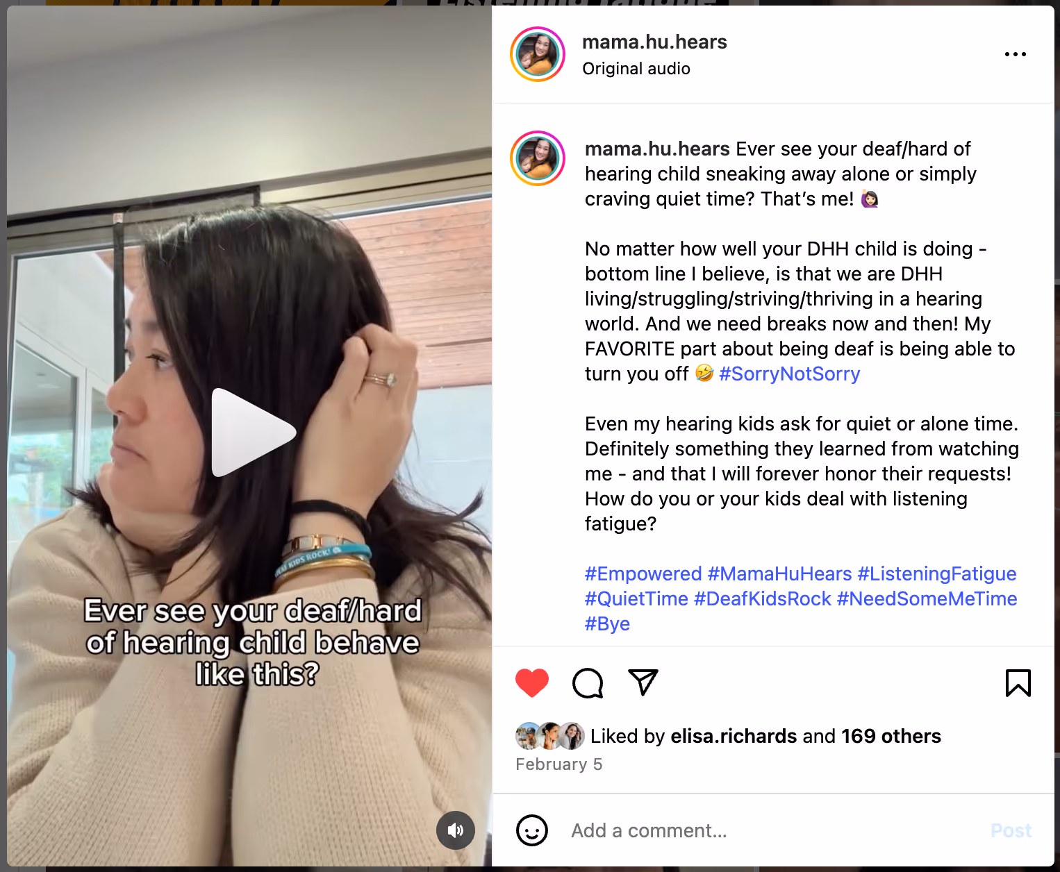 A social media video screenshot of @mama.hu.hears shows a woman turning away from noise, with text asking if DHH children crave quiet time.