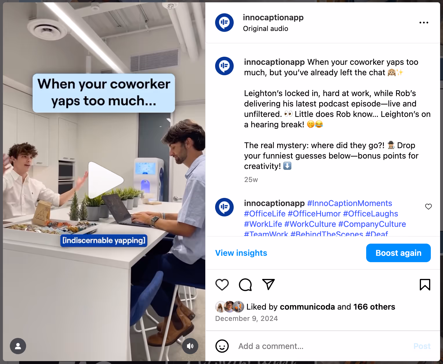 A humorous InnoCaption Instagram Reel shows two coworkers—one animatedly talking, the other taking a silent hearing break.