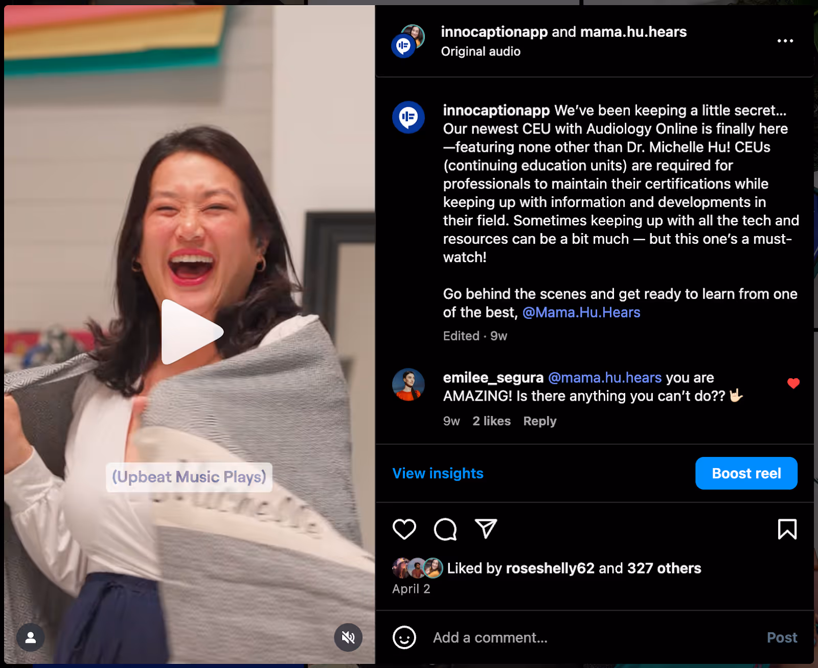 Michelle Hu, a Deaf audiologist, laughs joyfully while wrapped in a personalized gray and white blanket. The Instagram caption announces her CEU course with AudiologyOnline, highlighting her as the featured presenter.
