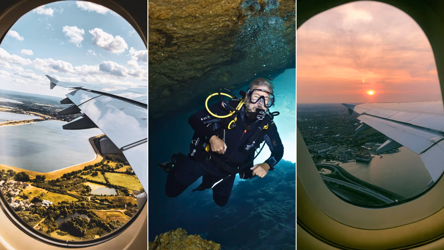 Collage showing views from airplane windows with scenic skies and a photo of a man scuba diving underwater, representing adventure and travel.