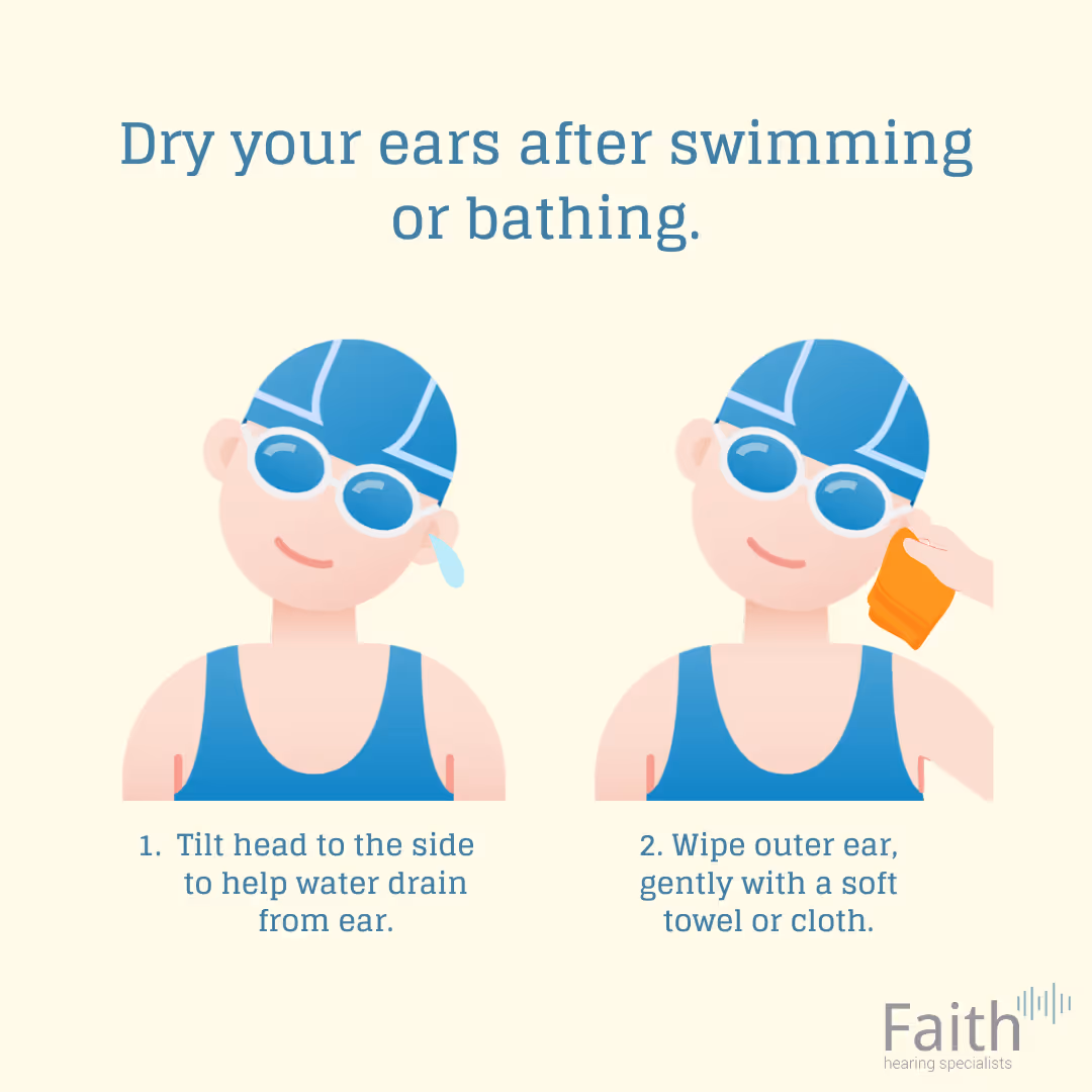Illustration of a swimmer showing two steps to dry ears after swimming: tilting the head to help water drain, and gently wiping the outer ear with a soft towel.