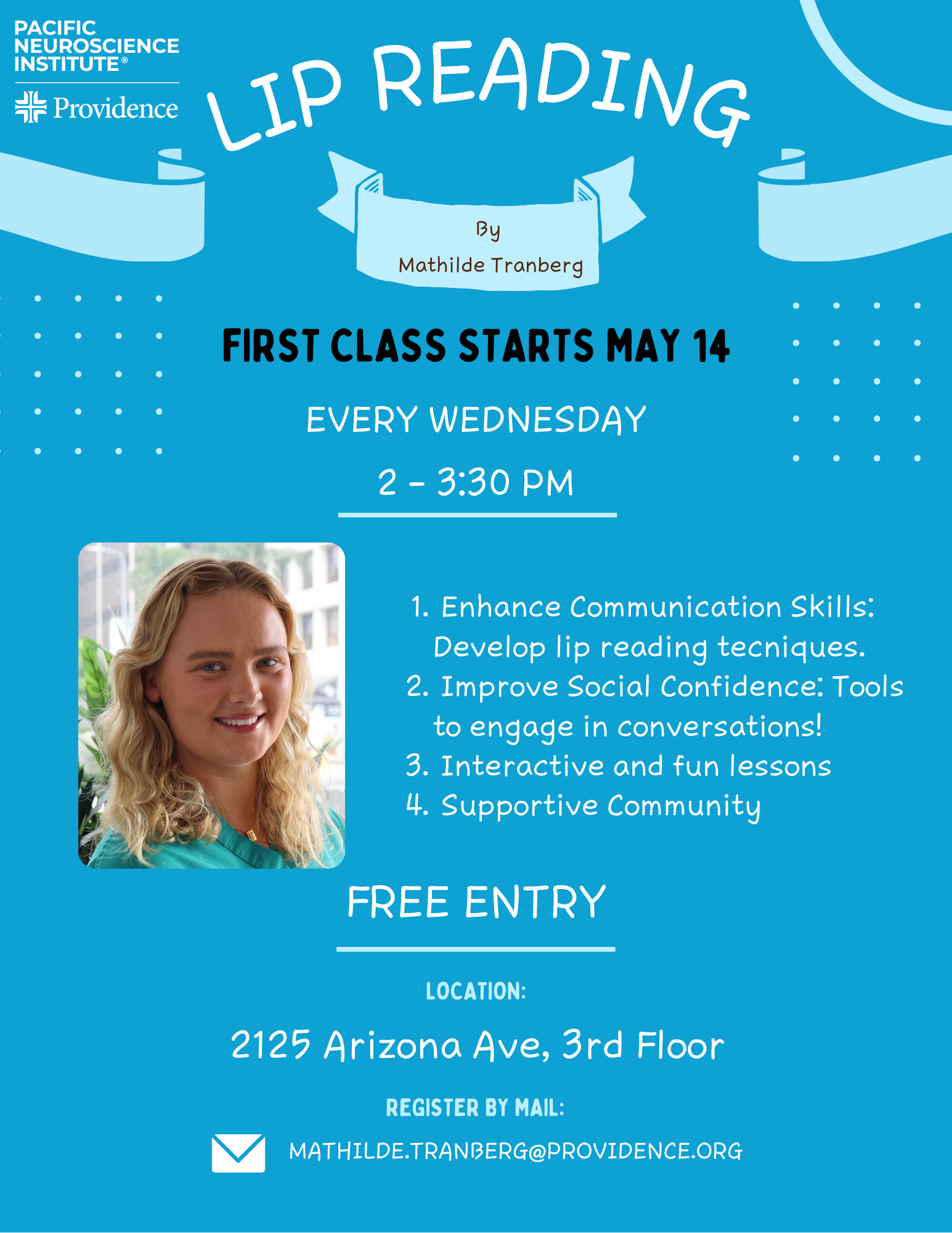 A bright blue flyer for a free weekly lip reading class led by Mathilde Tranberg. In her photo, Mathilde appears smiling with long, wavy blonde hair and light skin, wearing green scrubs. The flyer includes class details, goals, and registration info.