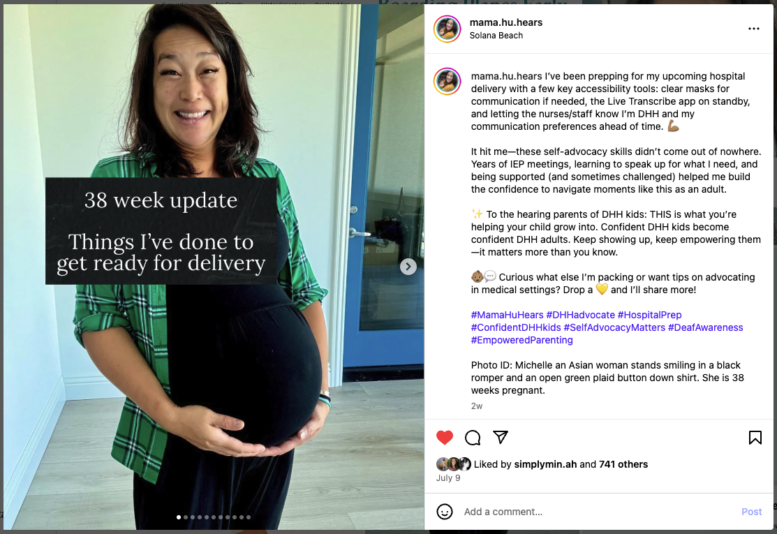 A pregnant Asian woman smiles warmly while standing indoors in a green plaid shirt over a black romper. On-screen text reads “38 week update – Things I’ve done to get ready for delivery.” The Instagram caption describes how Michelle prepared for hospital accessibility by packing clear masks and enabling Live Transcribe, and reflects on years of advocacy that built her confidence.