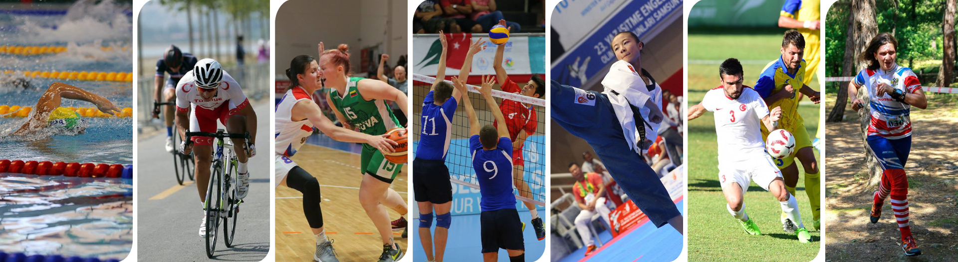 A collage of seven Deaflympics sports: swimming, cycling, basketball, volleyball, taekwondo, soccer, and orienteering. Athletes are captured mid-action, showcasing the athletic diversity of the Games.
