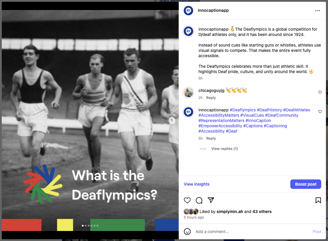 Instagram post by @innocaptionapp featuring a black-and-white photo of Deaflympics runners from an early 20th-century event. The graphic text overlay reads: “What is the Deaflympics?”