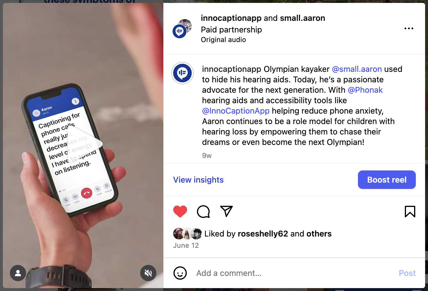 A smartphone screen displays live captions of a phone call through the InnoCaption app, with the words “Captioning for phone calls really just decreases my level of energy I have to spend on listening.” The image is part of an Instagram post by InnoCaption featuring Olympian kayaker Aaron, highlighting his advocacy for accessibility tools.
