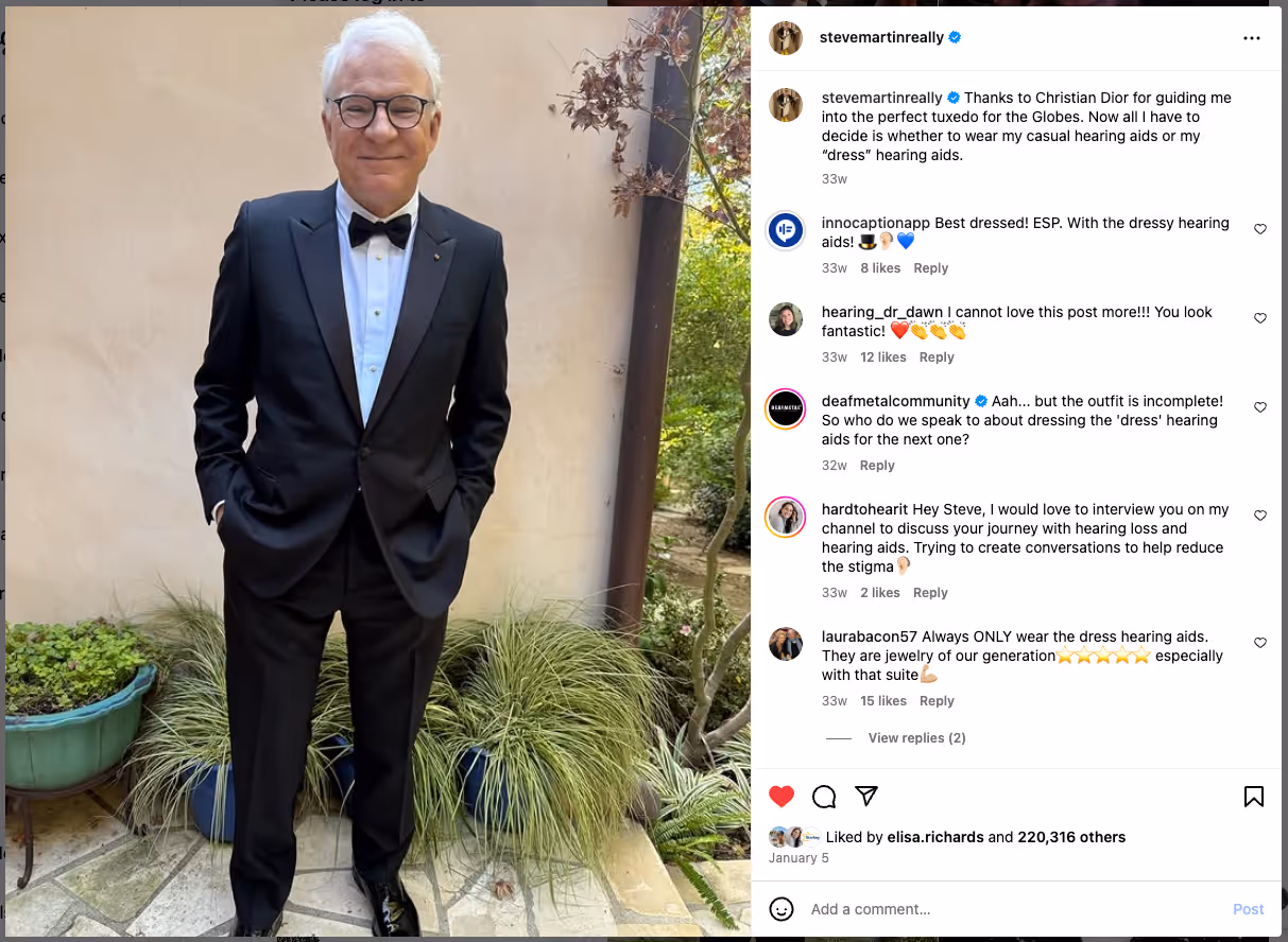 Steve Martin stands outdoors in a black tuxedo with a bow tie, smiling with his hands in his pockets, in an Instagram photo.