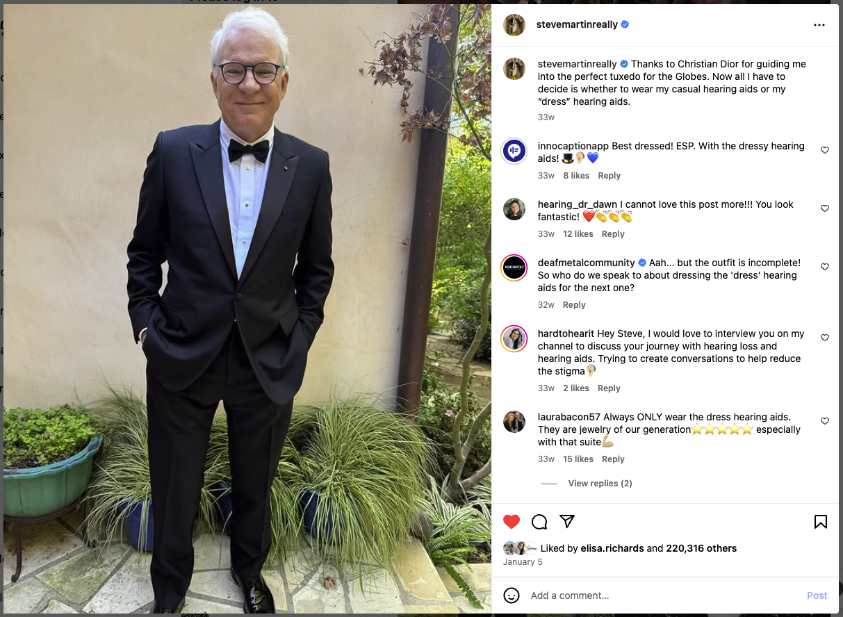 Steve Martin stands outdoors in a black tuxedo with a bow tie, smiling with his hands in his pockets, in an Instagram photo.