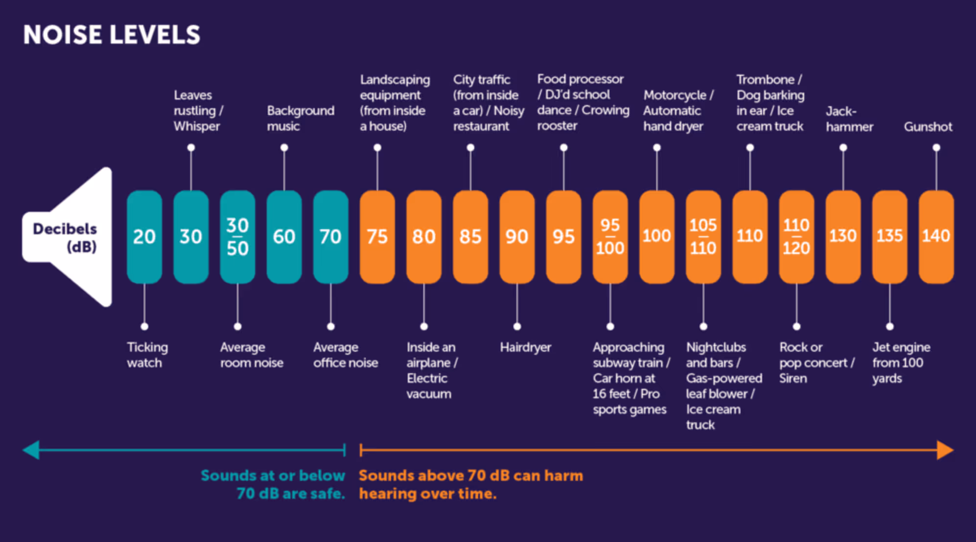 Infographic showing noise levels in decibels, ranging from a ticking watch at 20 dB to a gunshot at 140 dB, with a hairdryer at 90 dB.